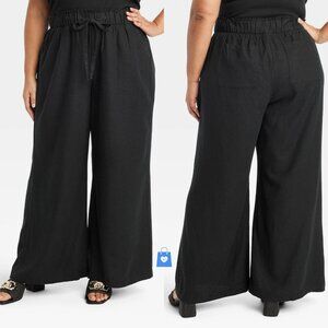 XXL - Womens High-Rise Wide Leg Linen Pants - Ava Viv - Black